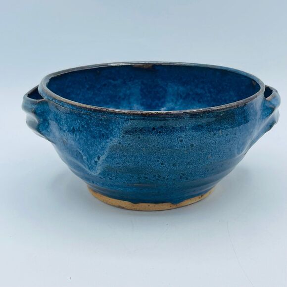 Pottery Bowl With Handles Hand Thrown Blue Glazed Ceramic 6" Diameter - Picture 1 of 8